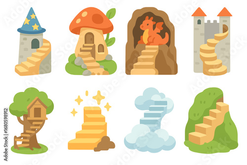 Fantasy Stairs Illustrations. Flat vector mini-illustrations stairs in fantasy and fairy tales in colors children's illustrations: