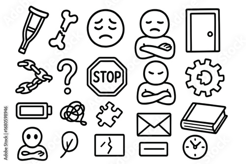 Fragile Strength Icons. Hand-drawn doodle illustration physical inability crutch, broken bone, tired face, locked door, heavy