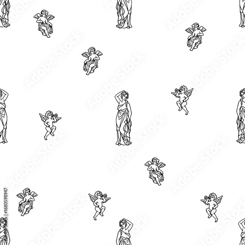 seamless pattern with nymph and cupids drawn in line art style