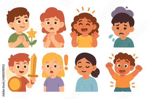 Colorful Emotion Icons. Flat vector mini-illustrations fate and emotions in colors children's illustrations: hope, fear, joy,