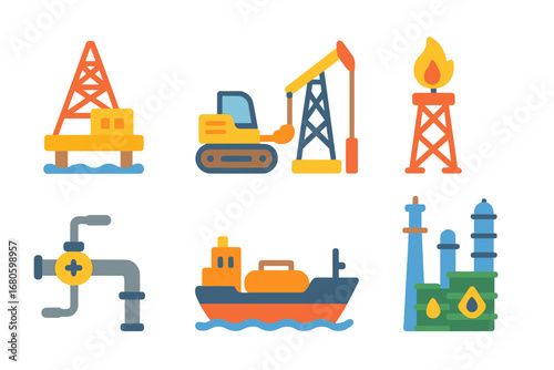 Colorful Energy Illustrations. Flat vector mini-illustrations drilling and extraction in colors children's illustrations: oil rig,