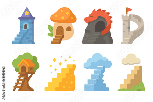 Fantasy Stairs Illustrations. Flat vector mini-illustrations stairs in fantasy and fairy tales in colors children's illustrations: