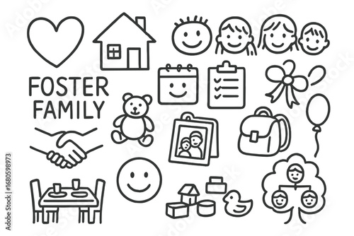 Foster Family Icons. Hand-drawn doodle illustration foster family child welfare family, heart, house, children, calendar,