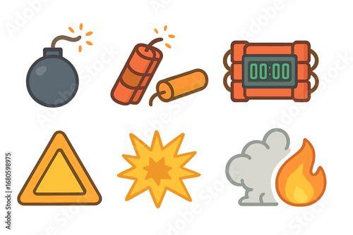 Colorful Explosive Icons. Flat vector mini-illustrations explosive devices in colors children's illustrations: bomb, dynamite