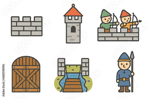 Colorful Fortress Icons. Flat vector mini-illustrations rampart in colors children's illustrations: stone rampart wall,