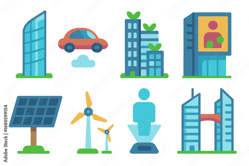 Fototapeta premium Futuristic City Icons. Flat vector mini-illustrations futuristic skyscrapers in colors children's illustrations: glass towers,