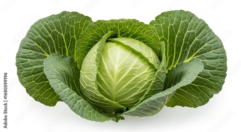 Obraz premium A fresh green cabbage head with outer leaves on a white background, ready for cooking.