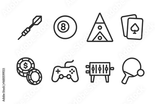 Game Activity Icons. Outline icon set of game activities: darts, billiards ball, shuffleboard, card deck, poker chips, video game