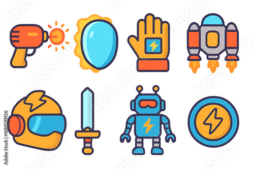 Futuristic Zap Gadgets. Flat vector mini-illustrations futuristic zap gadgets in colors children's illustrations: laser gun,