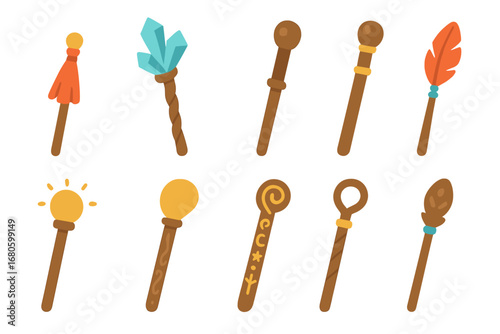 Colorful Magic Staffs. Flat vector mini-illustrations staff accessories in colors children's illustrations: staff with tassel,