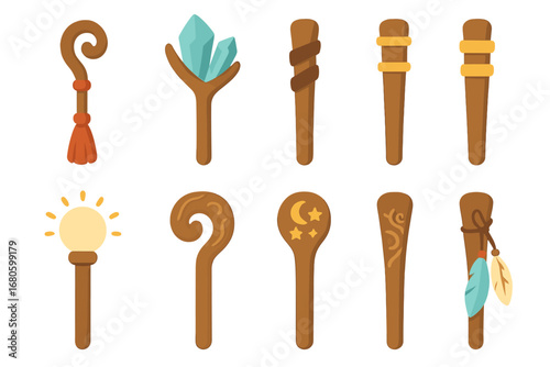 Colorful Magic Staffs. Flat vector mini-illustrations staff accessories in colors children's illustrations: staff with tassel,