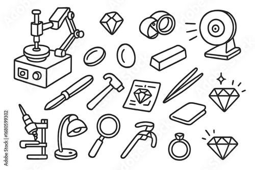 Gemstone Workshop Icons. Hand-drawn doodle illustration gemstone workshop faceting machine, loupe, polishing wheel, gemstone,