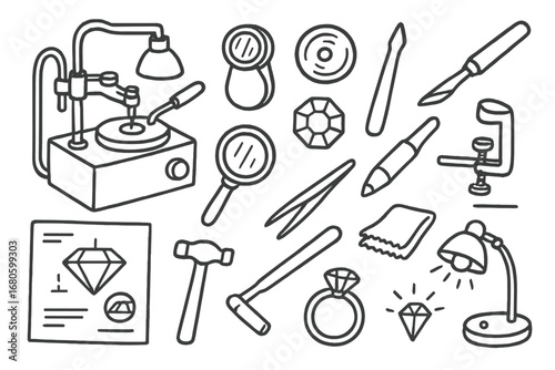 Gemstone Workshop Icons. Hand-drawn doodle illustration gemstone workshop faceting machine, loupe, polishing wheel, gemstone,
