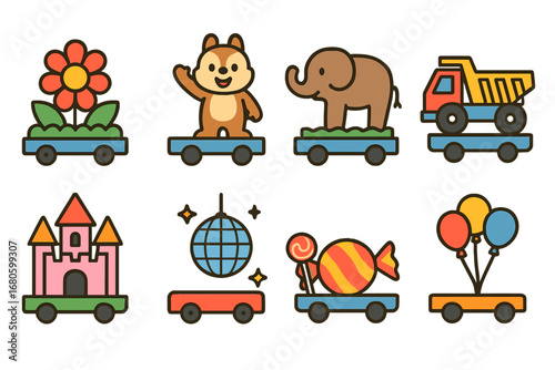 Colorful Parade Floats. Flat vector mini-illustrations parade floats in colors children's illustrations: flower float, cartoon