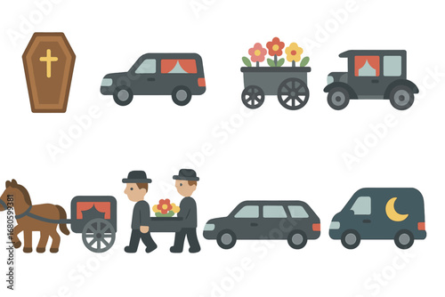 Funeral Icon Collection. Flat vector mini-illustrations coffin and funeral vehicles in colors children's illustrations: hearse,
