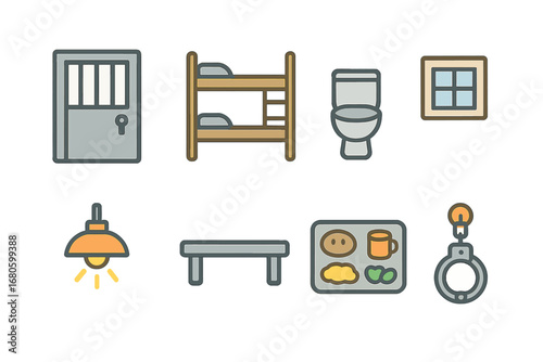 Colorful Prison Icons. Flat vector mini-illustrations prison cells in colors children's illustrations: barred door, bunk bed,