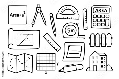 Geometry Tools Doodle. Hand-drawn doodle illustration geometry and area calculation square, compass, protractor, ruler, tape