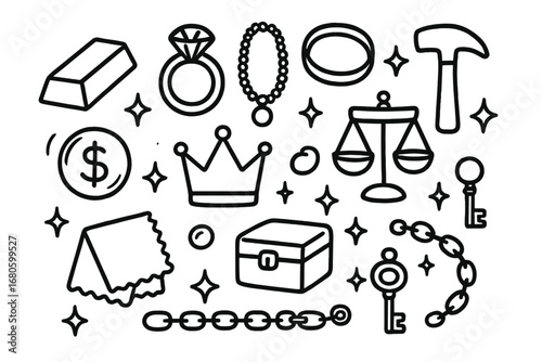 Gold Jewelry Icons. Hand-drawn doodle illustration gold metal gold bar, ring, necklace, bracelet, coin, crown, ingot, polishing