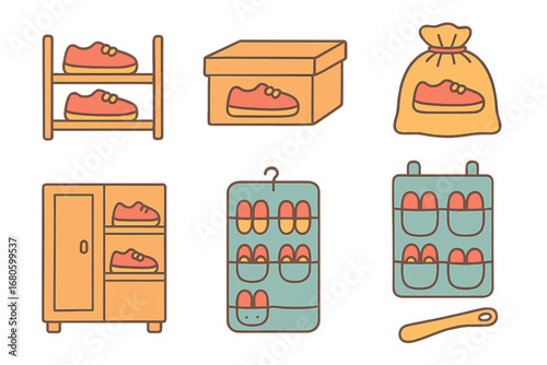 Colorful Shoe Storage Icons. Flat vector mini-illustrations shoe storage in colors children's illustrations: shoe rack, shoe box,