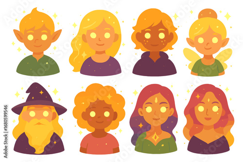 Glowing Fantasy Portraits. Flat vector mini-illustrations fantasy glowing portraits in colors children's illustrations: glowing
