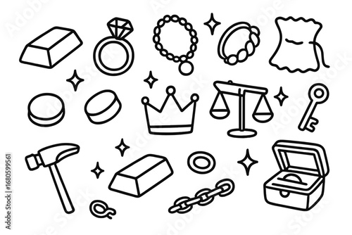 Gold Jewelry Icons. Hand-drawn doodle illustration gold metal gold bar, ring, necklace, bracelet, coin, crown, ingot, polishing