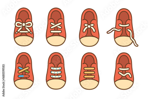 Colorful Shoelace Icons. Flat vector mini-illustrations left shoe laces in colors children's illustrations: tied left shoelace,