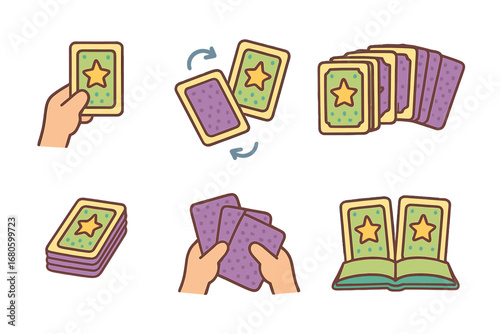Colorful Tarot Illustrations. Flat vector mini-illustrations tarot card interactions in colors children's illustrations: hand