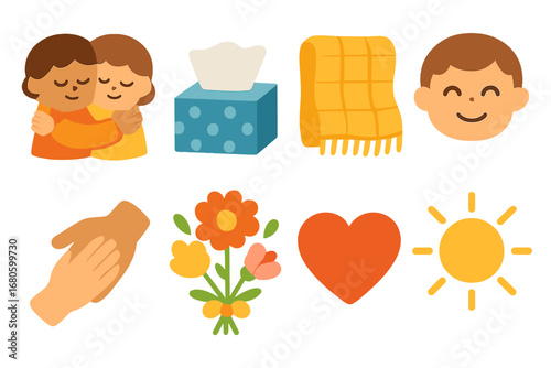 Healing Icons Grid. Flat vector mini-illustrations tears and healing in colors children's illustrations: comforting hug, tissue