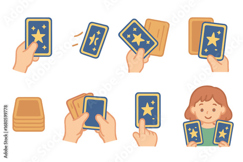 Colorful Tarot Illustrations. Flat vector mini-illustrations tarot card interactions in colors children's illustrations: hand