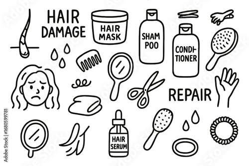 Hair Care Tools. Hand-drawn doodle illustration Hair damage and repair broken hair strand, hair mask, shampoo bottle, conditioner,