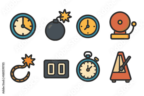 Colorful Timekeeper Icons. Flat vector mini-illustrations ticking countdown in colors children's illustrations: countdown timer,