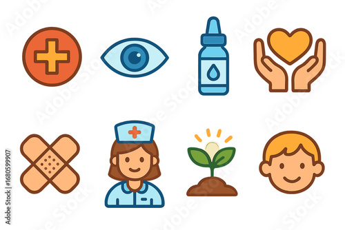 Healing Icons Grid. Flat vector mini-illustrations eyes and healing in colors children's illustrations: medical cross, eye drops,
