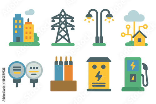 Colorful Urban Grid Icons. Flat vector mini-illustrations urban power grid in colors children's illustrations: city skyline, power