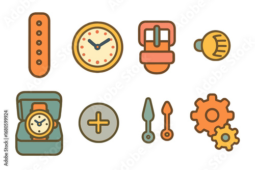 Colorful Watch Icons. Flat vector mini-illustrations watch accessories in colors children's illustrations: watch strap, watch face