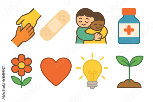 Healing Icons. Flat vector mini-illustrations suffering and healing in colors children's illustrations: helping hand, bandage,