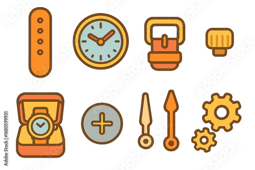 Colorful Watch Icons. Flat vector mini-illustrations watch accessories in colors children's illustrations: watch strap, watch face
