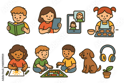 Home Isolation Activities. Flat vector mini-illustrations home isolation activities in colors children's illustrations: child