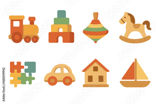 Colorful Wooden Toys. Flat vector mini-illustrations wooden toys in colors children's illustrations: wooden train, building blocks