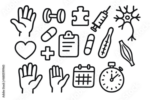 Health Icon Doodles. Hand-drawn doodle illustration fingers finger dexterity fingers, dumbbell, puzzle piece, syringe, pill,