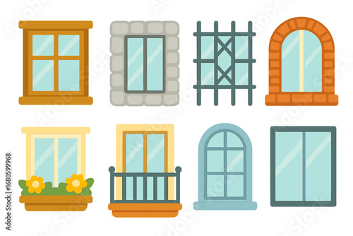 Colorful Window Icons. Flat vector mini-illustrations window frames and architecture in colors children's illustrations: wooden