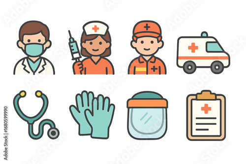 Healthcare Heroes Icons. Flat vector mini-illustrations pandemic healthcare workers in colors children's illustrations: doctor