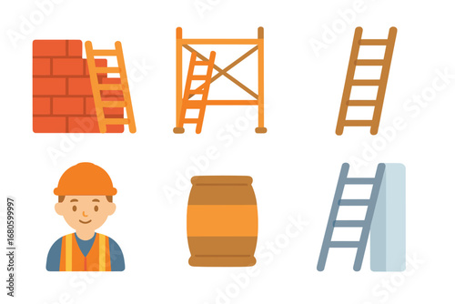 Construction Tool Icons. Flat vector mini-illustrations ladder construction in colors children's illustrations: brick wall with