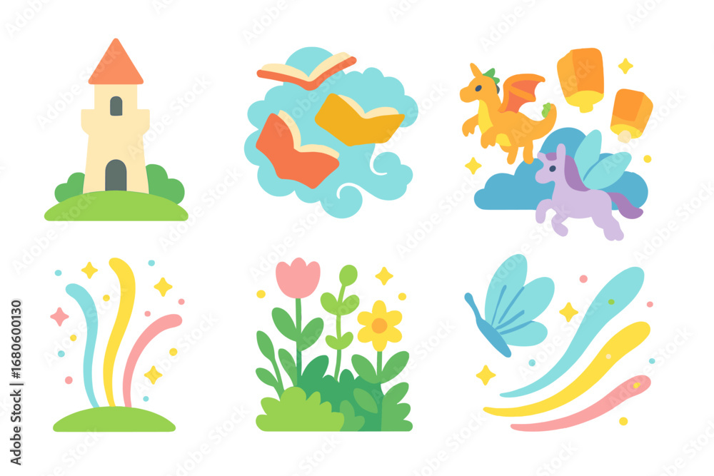 Naklejka premium Imaginative Icon Parade. Flat vector mini-illustrations ivory tower and imagination in colors children's illustrations: flying