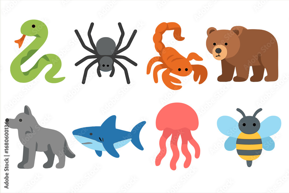 Fototapeta premium Dangerous Animals Icons. Flat vector mini-illustrations danger animals in colors children's illustrations: snake, spider, scorpion