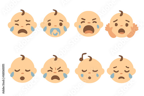 Crying Babies Icons. Flat vector mini-illustrations crying babies in colors children's illustrations: baby with tears, pacifier,