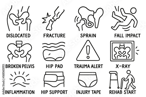 Hip Injury Icons. Hand-drawn doodle illustration hip injuries dislocated hip, fracture symbol, sprain icon, fall impact, broken