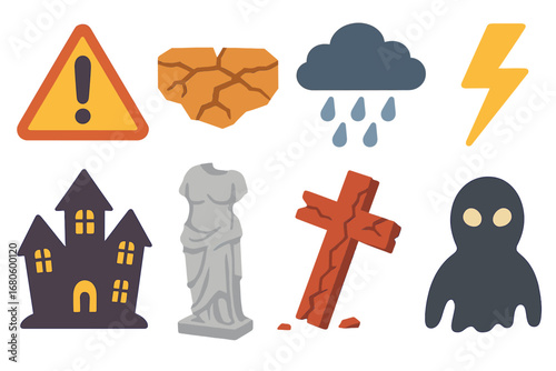 Cursed Icon Grid. Flat vector mini-illustrations curse warnings in colors children's illustrations: warning sign, cracked ground,