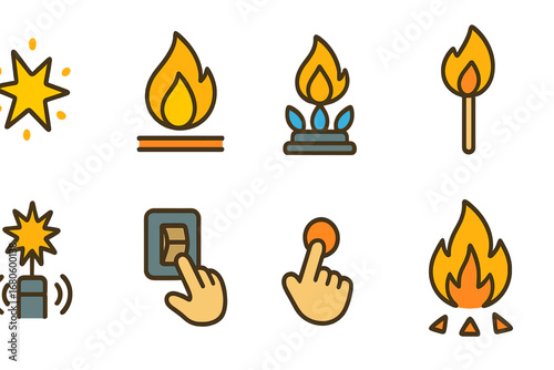 Ignition Icons Grid. Flat vector mini-illustrations ignition process in colors children's illustrations: spark, flame ignition,