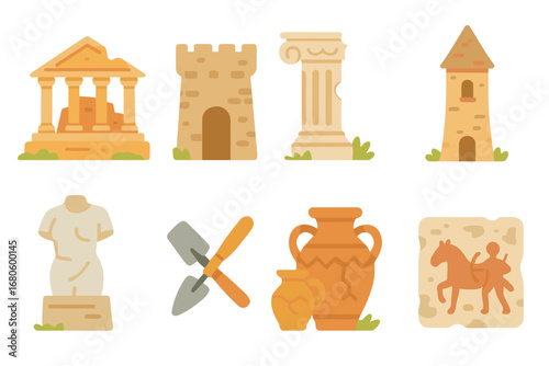 Historic Ruins Icons. Flat vector mini-illustrations historical ruins in colors children's illustrations: ancient temple, old