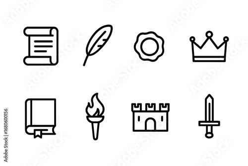 Historic Icon Set. Outline icon set of historical decrees: parchment scroll, feather quill, wax seal, crown, old book, torch,